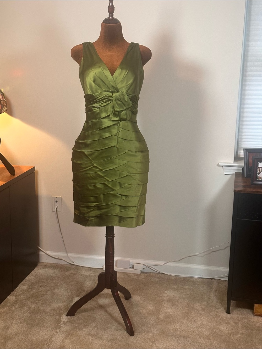 Jones New York Olive Satin V-Neck Pleated Cocktail Dress